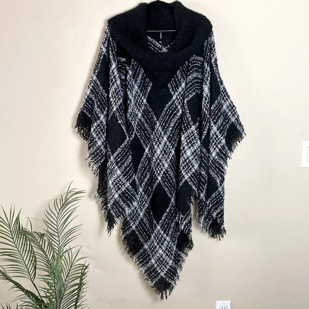 Torrid Southwestern Plaid Boho Fringe Cowl Turtleneck Poncho Sweater